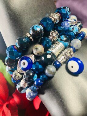 One Of A Kind Evil Eye Charm, Apatite, Sodalite, Lapis & Glass Bracelet Set